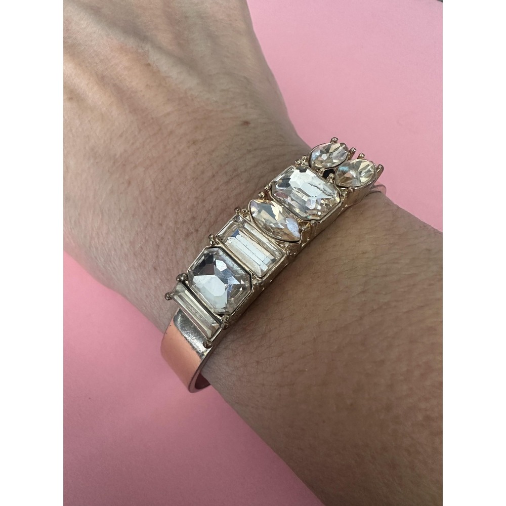 Gold Tone Champagne Rhinestone Wide Cuff Bracelet Statement Crystal Jewelry